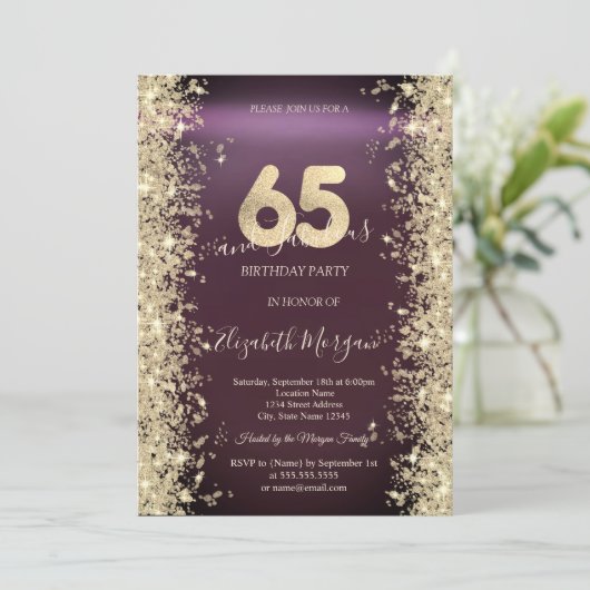 Gouden Sparkle Diamonds Bourgogne 65ste verjaardag Kaart (Staand voorkant)