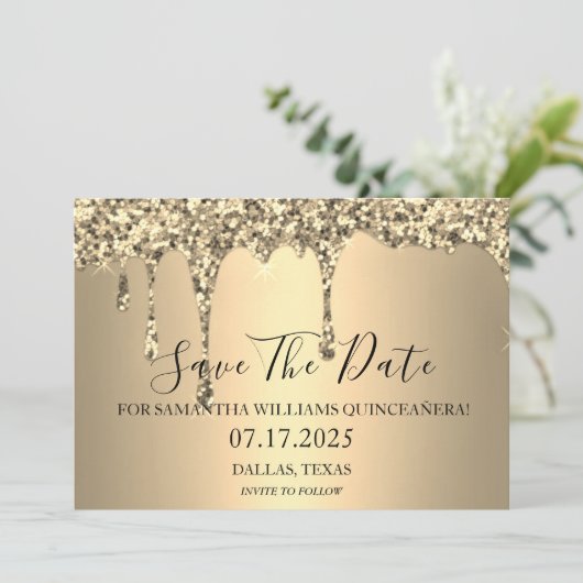 Gouden Sparkle Glitter Drips Quinceanera Save The Date (Staand voorkant)
