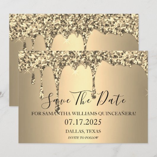 Gouden Sparkle Glitter Drips Quinceanera Save The Date (Voorkant / Achterkant)