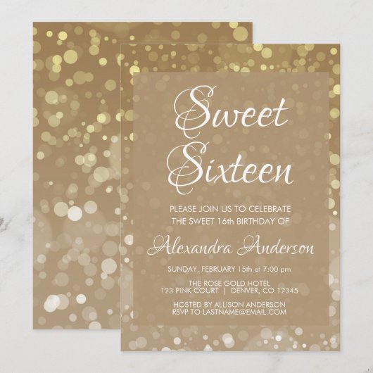 Gouden Sparkle Glitter Lights Sweet 16 Verjaardag Kaart (Voorkant / Achterkant)