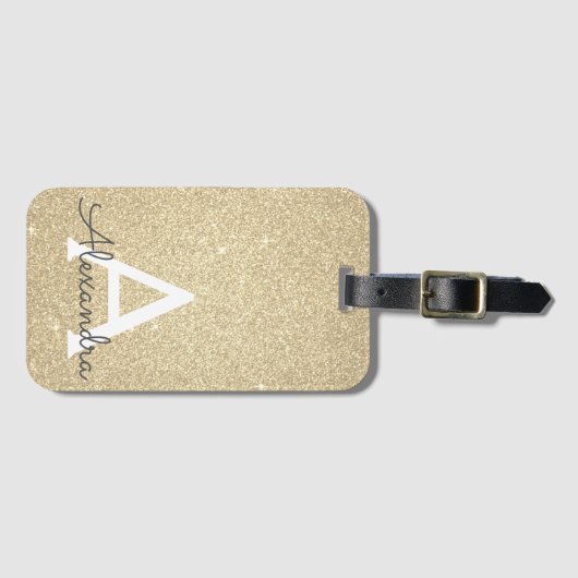 Gouden Sparkle Glitter Monogram Naam Bagagelabel (Voorkant (horizontaal))