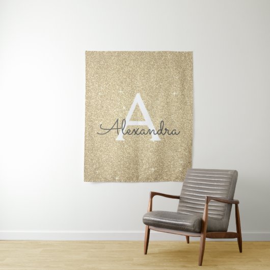 Gouden Sparkle Glitter Monogram Tapestry Wandkleed (In situ)