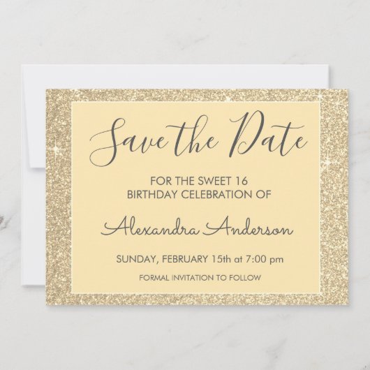 Gouden Sparkle Glitter Sweet 16 Save the Date (Achterkant)
