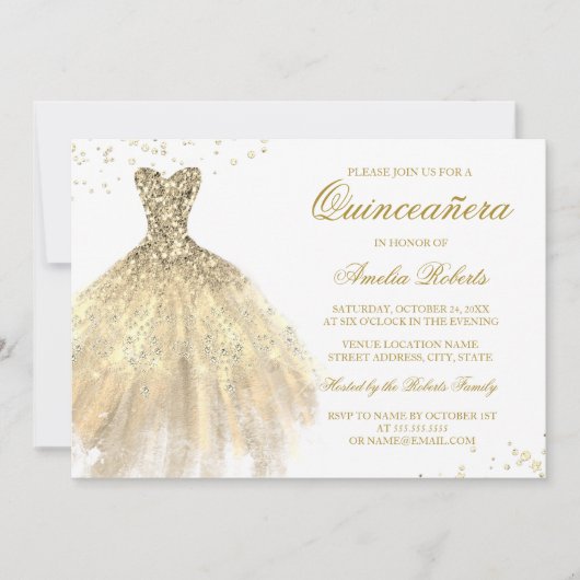 Gouden Sparkle Jurk Quinceanera Uitnodiging (Voorkant)