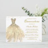 Gouden Sparkle Jurk Quinceanera Uitnodiging (Staand voorkant)