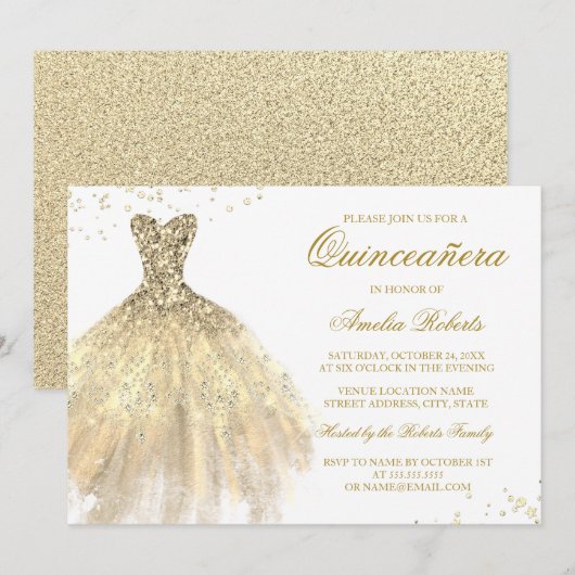 Gouden Sparkle Jurk Quinceanera Uitnodiging (Voorkant / Achterkant)
