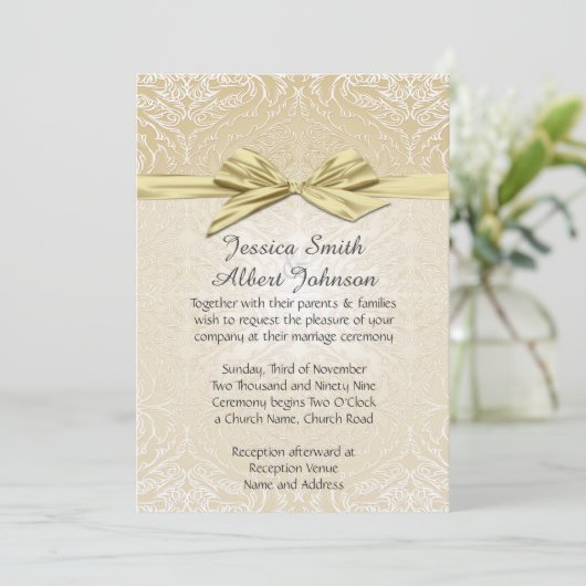 Gouden Sparkle Lint Damask Bruiloft Uitnodigen Kaart (Staand voorkant)