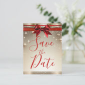 Gouden Sparkle Red Bow Elegant Holiday Save the Da Aankondigingskaart (Staand voorkant)