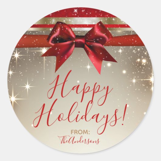 Gouden Sparkle Rode Bow Elegante Glam Holiday Favo Ronde Sticker (Voorkant)