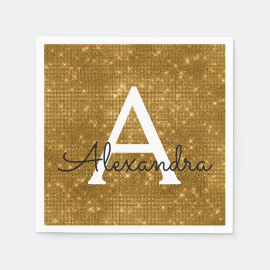 Gouden Sparkle & Shimmer Monogram Initiaal Verjaar Servet (Voorkant)
