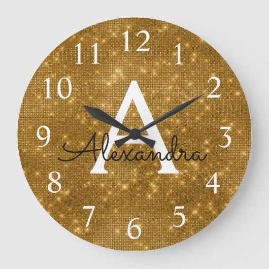 Gouden Sparkle Shimmer Monogram Naam & Initiaal Grote Klok (Voorkant)