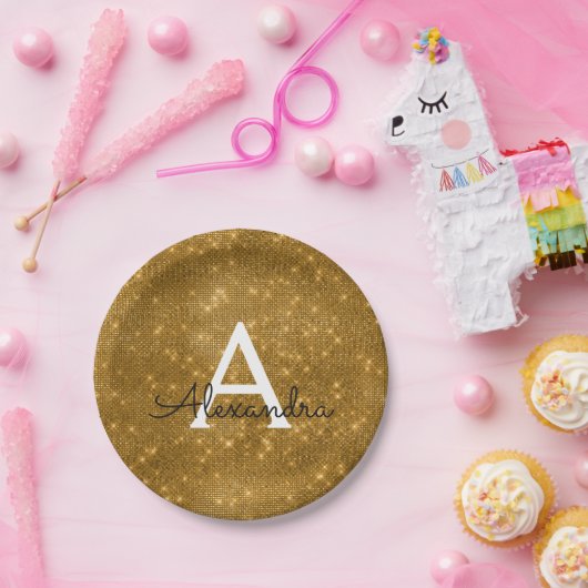 Gouden Sparkle & Shimmer Monogram Verjaardag Papieren Bordje (Feest)