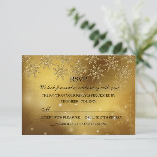 Gouden Sparkle Snowflake Kerstvakantie RSVP (Staand voorkant)