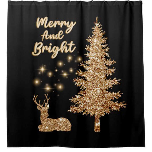 Gouden Sparkle Vrolijk en Helder Kerstmis Douchegordijn (Voorkant)
