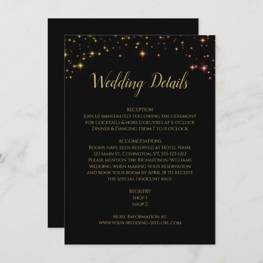 Gouden Sparkles en Sterren op Zwarte Bruiloft Deta Informatiekaartje (Voorkant / Achterkant)