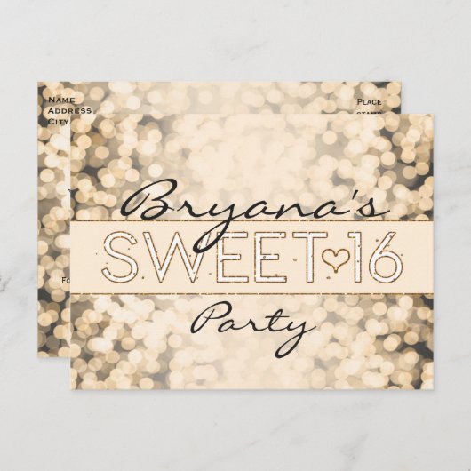 Gouden Sparkling Lights SWEET 16 Glam Briefkaart (Voorkant / Achterkant)