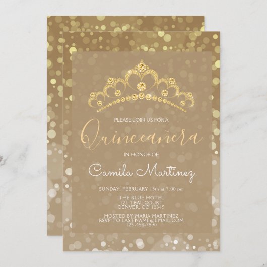 Gouden Sparkly Confetti Quinceanera met Tiara Kaart (Voorkant / Achterkant)