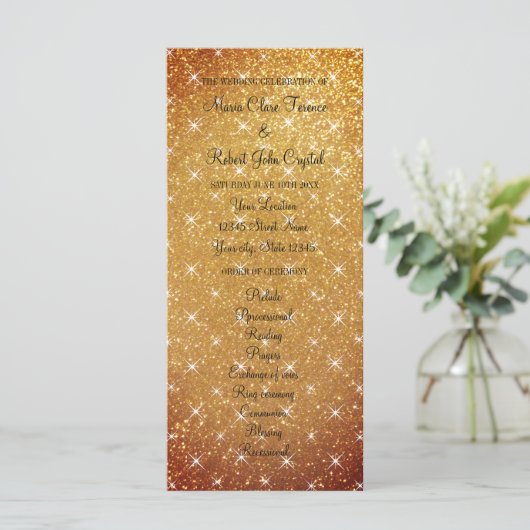 Gouden sparkly glitter fab bruiloft ceremonie prog programmakaart (Staand voorkant)