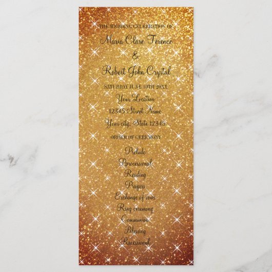 Gouden sparkly glitter fab bruiloft ceremonie prog programmakaart (Voorkant)