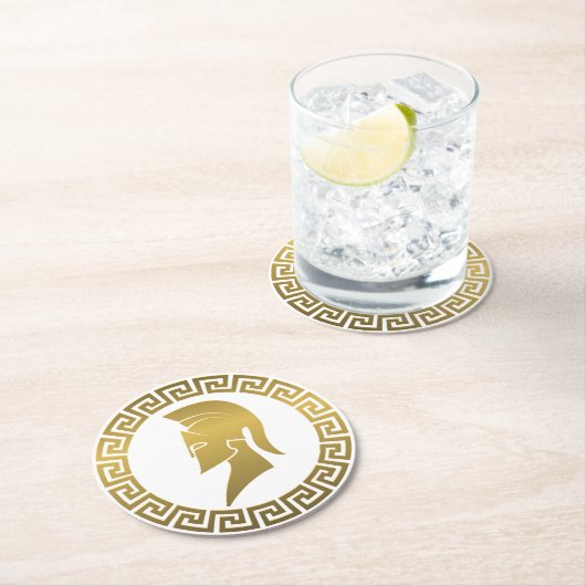 Gouden Spartaanse Helm met Griekse Sleutelgrens Ronde Kartonnen Onderzetter (Insitu)