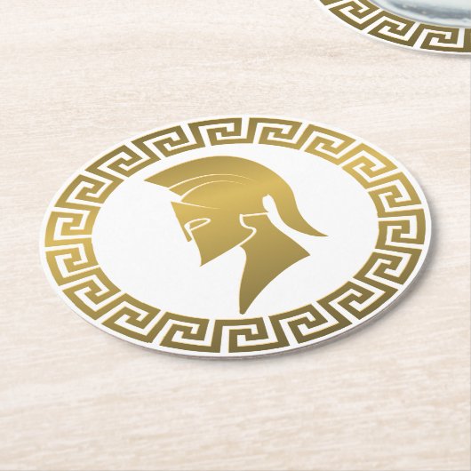 Gouden Spartaanse Helm met Griekse Sleutelgrens Ronde Kartonnen Onderzetter (Gebogen)