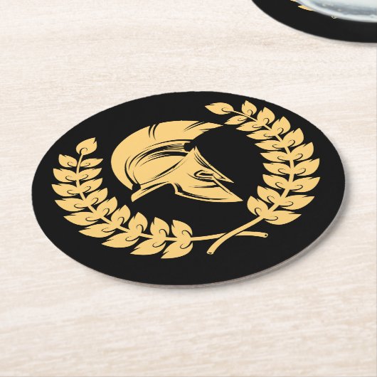 Gouden Spartaanse Helm met Laurel Krans Ronde Kartonnen Onderzetter (Gebogen)