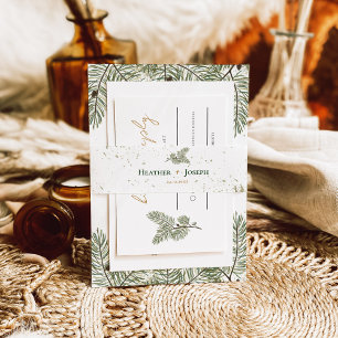 Gouden spat grillige groene dennenappel bruiloft uitnodigingen wikkel
