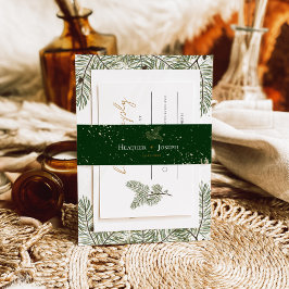 Gouden spat grillige groene dennenappel bruiloft uitnodigingen wikkel