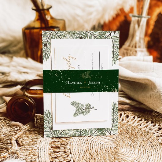 Gouden spat grillige groene dennenappel bruiloft uitnodigingen wikkel