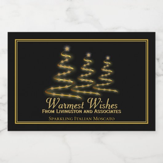 Gouden spiraal kerstbomen op zwarte elegante mini sparkling wijnetiket (Enkel label)