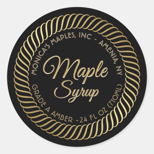 Gouden spiraal rand esdoorn siroop label op zwart (Voorkant)