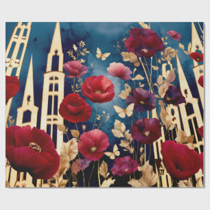 Gouden Spitsen en Robijnrode Bloesems Cadeaupapier