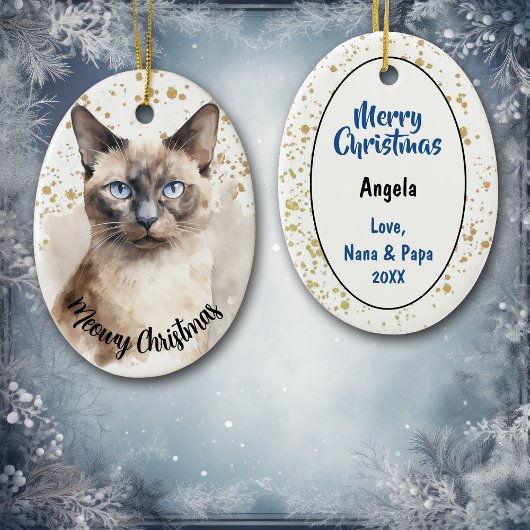 Gouden Splatter Meowy Kerstmis Siamese Kat Keramisch Ornament