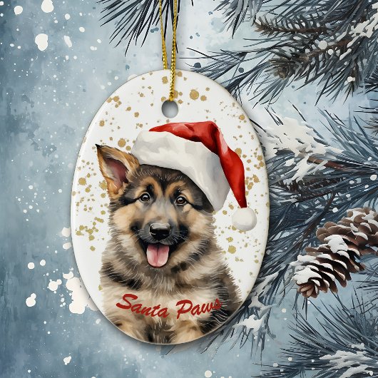 Gouden Splatter Santa Paws Duitse Herder Puppy Keramisch Ornament