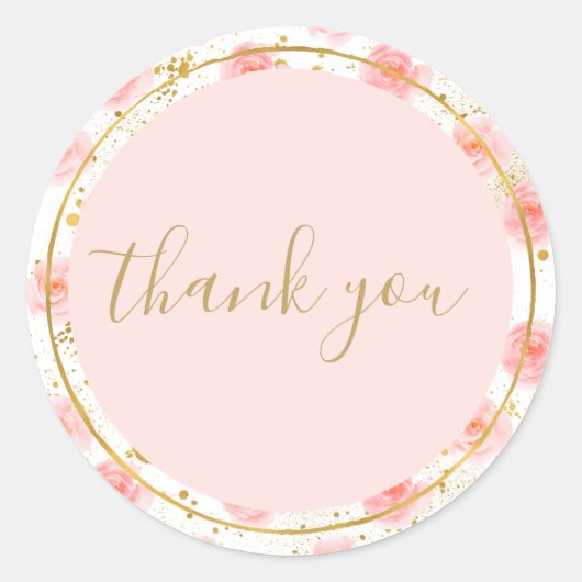 Gouden Spletters Roze Rozen Waterverf Dank u Ronde Sticker (Voorkant)