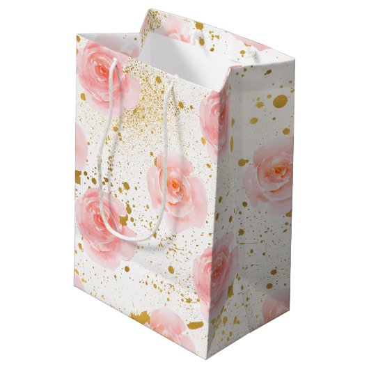 Gouden Spletters Roze Rozen Waterverf Medium Cadeauzakje (Achterkant Gekanteld)