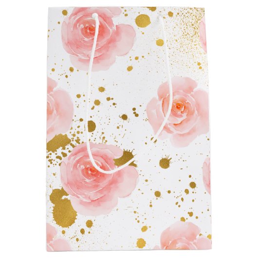 Gouden Spletters Roze Rozen Waterverf Medium Cadeauzakje (Voorkant)