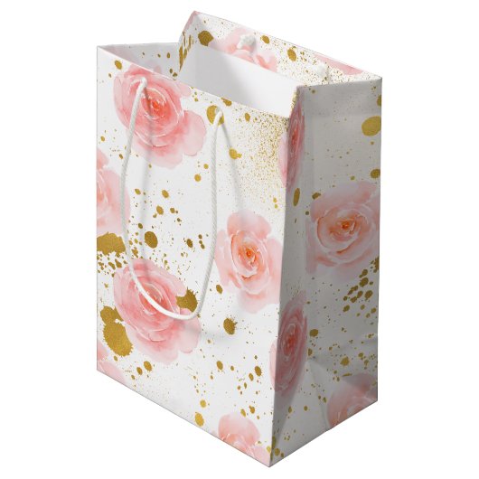 Gouden Spletters Roze Rozen Waterverf Medium Cadeauzakje (Voorkant Gekanteld)