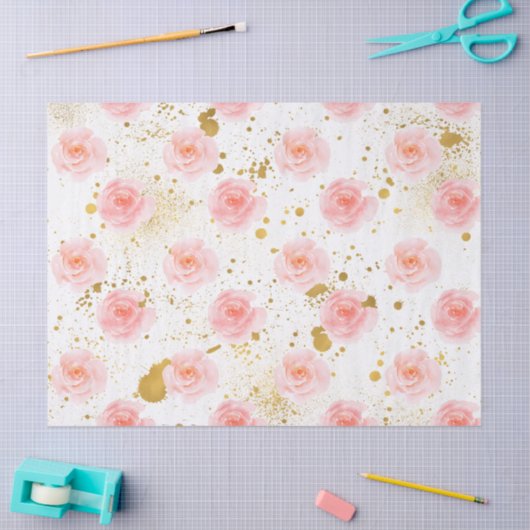 Gouden Spletters Roze Rozen Waterverf Tissuepapier (Craft)
