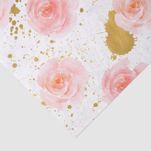 Gouden Spletters Roze Rozen Waterverf Tissuepapier (Detail)