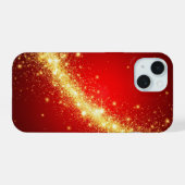 Gouden sprankelend spoor op levendig rode achtergr iPhone 15 case (Achterkant horizontaal)
