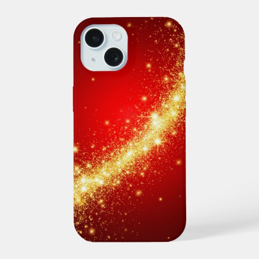 Gouden sprankelend spoor op levendig rode achtergr iPhone 15 case (Achterkant)