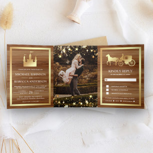 Gouden Sprookjeskasteel Prinsessen Koets Bruiloft Drieluik Uitnodiging