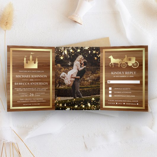 Gouden Sprookjeskasteel Prinsessen Koets Bruiloft Drieluik Uitnodiging