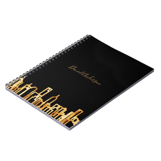 Gouden stadssilhouet zwarte professionele script notitieboek (Linkerzijde)