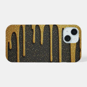 Gouden Stardust Drip ✨ Zwarte Luxe Sprankelende iPhone 15 Case (Achterkant horizontaal)