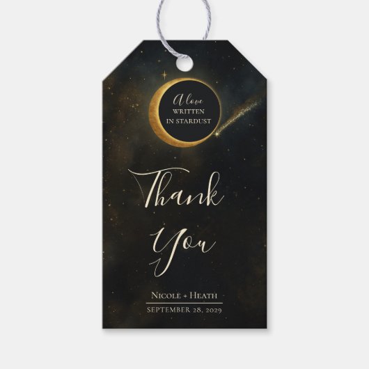 Gouden Stardust Eclipse Hemelse Bruiloft Cadeaulabel (Voorkant)