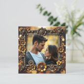 Gouden Steampunk Persoonlijke Trouw-RSVP Save The Date (Staand voorkant)