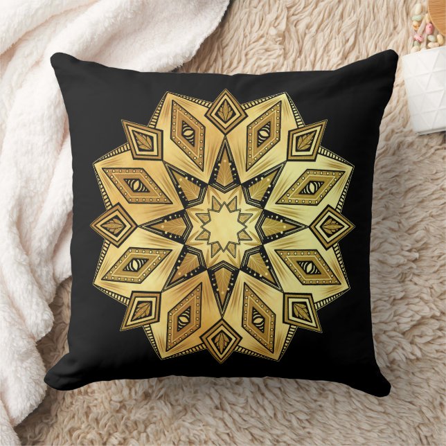 Gouden Ster Mandala op Zwarte Achtergrond Kussen (Deken)