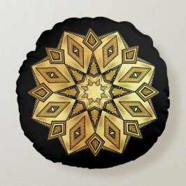Gouden Ster Mandala op Zwarte Achtergrond Rond Kussen